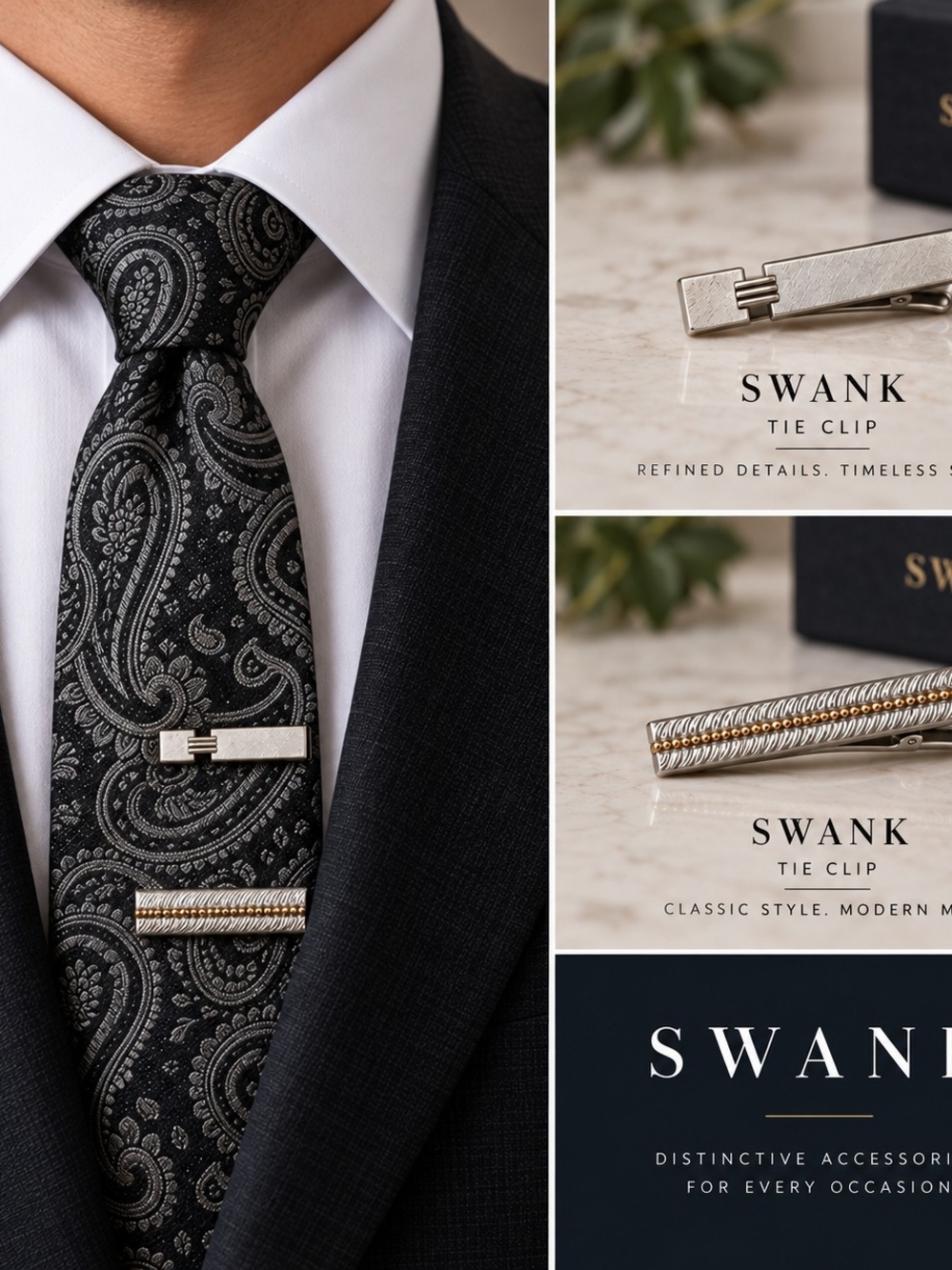 SWANK Silver Tone Tie Clip Set Of 2